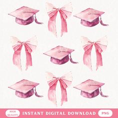 watercolor graduation caps and bows clipart set for digital scrapbooking or personal use