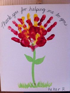 a handprinted card with a flower on it that says, thank you for the flowers