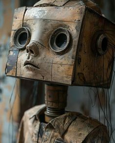 a wooden robot with two eyes and no head is standing in front of a rusty wall