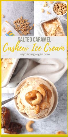 salted caramel cashew ice cream with pretzels in the background and text overlay