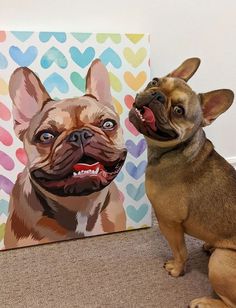 two dogs sitting next to each other in front of paintings on canvases with hearts