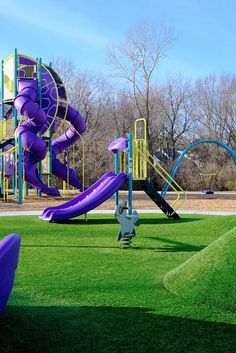 an empty playground with purple slides and green grass