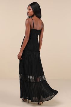 The compliments will never end once you make your entrance in the Lulus Stunning RSVP Black Pleated Lace Sleeveless Bustier Maxi Dress! Airy woven chiffon shapes this memorable dress that falls from adjustable spaghetti straps into a sweetheart neckline and a bustier-style bodice with supportive boning. High, fitted waist tops an accordion-pleated, A-line skirt that boasts ruffled, sheer lace panels as it falls to an elegant maxi hem. Hidden back zipper/clasp. Fit: This garment fits true to size Black Summer Maxi Dress With Corset Back, Black Spaghetti Strap Dress With Pleated Bodice, Black Dress With Pleated Bodice And Spaghetti Straps, Black Sleeveless Maxi Dress With Corset Back, Chiffon Spaghetti Strap Maxi Dress For Night Out, Chiffon Maxi Dress With Spaghetti Straps For Night Out, Black Dress Outfit Wedding, Pleated Bustier, Black Tie Wedding Guests