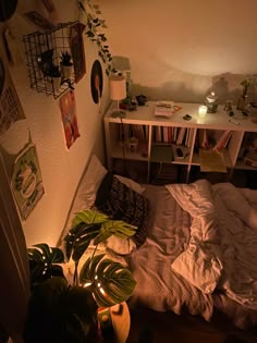 an unmade bed in a small room with plants on the wall and bookshelves