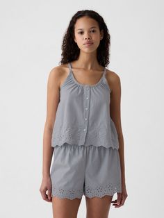 Soft poplin cotton pajama tank top.  Scoop neck.  Spaghetti straps.  Button front.  Eyelet detail at scalloped hem.  * Fit: Relaxed.  A straight & easy fit.  * Style Note: For a more Classic fit, go down one Blue Summer Sleepwear With Pockets, Summer Blue Sleepwear With Button Closure, Blue Cotton Short Sleeve Sleepwear, Flowy Fashion, Blue Sleepwear With Button Closure, Blue Cotton Sleepwear With Button Closure, Sleepwear & Loungewear, Eyelet Lace, Cotton Pyjamas