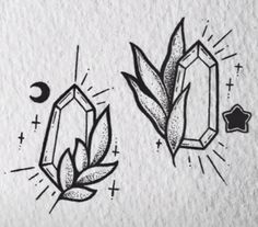 some black and white ink drawings with crystals on them, one is in the shape of a