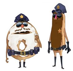 two cartoon characters are dressed as police officers and one is holding a doughnut in his hand