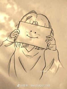 a drawing of a person covering their face with a piece of paper