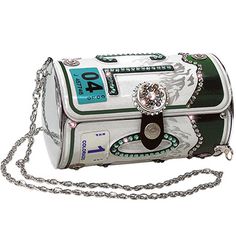 a white and green purse with chains on it