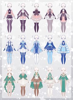 an image of different types of clothes for doll dolls in various colors and sizes, with stars on the background