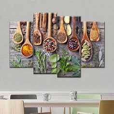 spices and herbs on wooden spoons multi panel canvas wall art