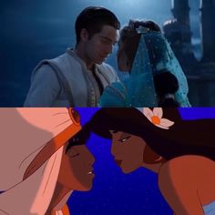 the princess and the frog are looking at each other's faces in different scenes