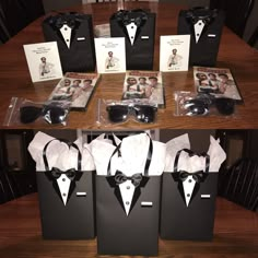 some black and white items are sitting on a table with ties, sunglasses and cards