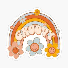 the word grooy surrounded by flowers and rainbows sticker is in front of a white background