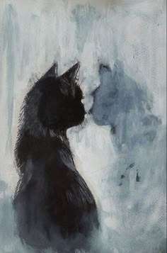 a painting of a black cat sitting in front of a white wall with snow on it