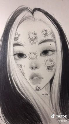 a drawing of a girl with many stickers on her face