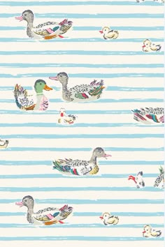 ducks and birds are swimming in the water on blue striped paper with white stripes behind them