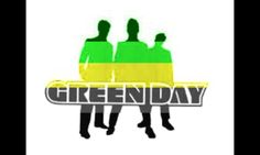 the green day logo with two men standing in front of it and one man sitting on top