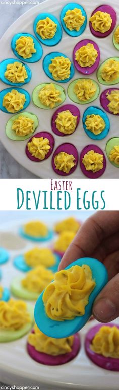 an image of deviled eggs on a plate with the words, easter deviled eggs