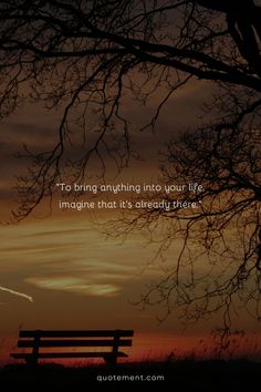 a bench sitting under a tree in front of a sunset with the quote to bring anything into your life imagine that it's already there