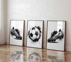 three framed photographs of soccer shoes and a ball on a wooden floor in front of a window