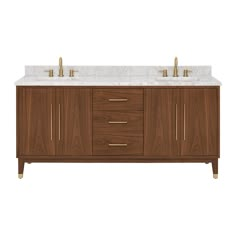 a bathroom vanity with marble top and two golden faucets