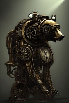 an animal made out of gears and mechanical parts is shown in this artistic illustration,