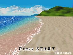 an old - school video game is shown with the ocean and beach in the background