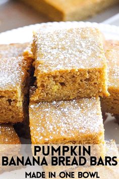 pumpkin banana bread bars stacked on top of each other with the words, pumpkin banana bread bars