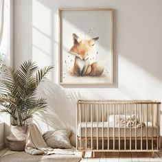 a baby's room with a fox painting on the wall and a crib