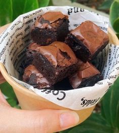 a hand holding a paper bowl filled with brownies and chocolate cake slices on top of each other