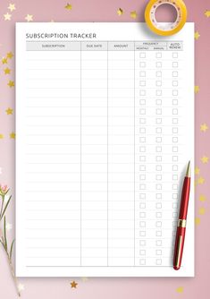 the printable subcribtion tracker is on top of a pink background with gold stars