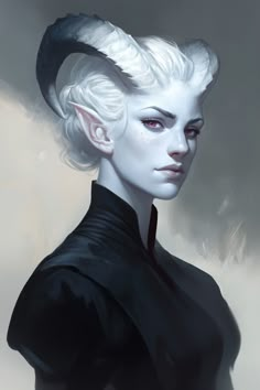 a painting of a woman with white hair and horns on her head, dressed in black