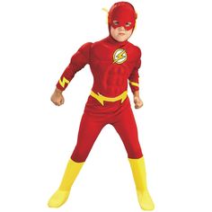 the flash costume for boys is shown in red and yellow with an arrow on its chest