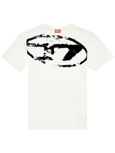 white/black cotton jersey texture distressed effect flocked logo crew neck drop shoulder short sleeves straight hem Merch Drop Graphic, T Shirt Graphics, Black And White Graphic Tee, Industrial Clothing, Cute Online Clothing Stores, Streetwear Tees, Diesel Clothing