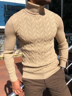 Calvin Slim-Fit Turtleneck Knitwear Beige – brabion Beige Color Code, Color Clothes, Fashion Sweaters, Slim Sweater, Fitted Turtleneck, Men Formal, Knitwear Men, Sweater Material, Mens Casual Outfits