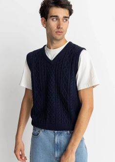 Stitched with the classic cable pattern, the Mohair Knit Vest in Navy provides an extra layer of warmth and style when you need it most. With rib collar and armholes, classic fit will elevate any outfit on land or sea. 47% Acrylic 30% Nylon 15% Wool 8% Mohair Dry clean Wool Vest Outfit Men, Knitted Vest Men, Mohair Vest, Vest Outfits Men, Sweater Vest Outfit, Money Outfit, Cable Pattern, Mohair Knit, Vest Outfits