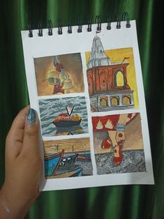 painting consists of 5 smaller paintings consisting bells, temple, ganga ghat Ghat Painting, Ganga Ghat, Poster Drawing, School Posters, Drawing Poses, Aesthetic Art, Drawings