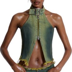 Jaded London Toxic Denim Top ( Green Wash) New With Tags. Size 4 Uk ( 0 Us). London Clothing, Ropa Upcycling, Denim Corset Top, Denim Jorts, Denim Crop Top, Denim Corset, Jaded London, Acid Wash Denim, Knit Hoodie