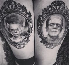 black and white photo of two legs with tattoos on them, one has a man's face in the mirror