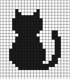 A pixel art template of a cat silhouette. Simple Cat Pixel Art, Pixel Art Silhouette, Black Cat Alpha Pattern, Cat Grid Pattern, Cat Pixel Art Grid, Black And White Pixel Art Grid, Pixel Art Black And White