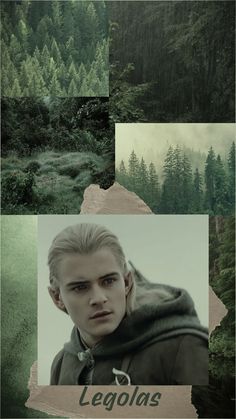 a collage of photos with trees and mountains in the background, including an image of a man's face