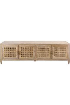 the sideboard is made out of wood and has rattan panels on one side