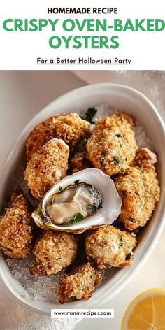 a bowl filled with fried oysters on top of ice next to an orange slice