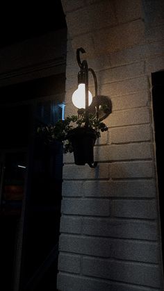 a light that is on the side of a building with plants growing out of it