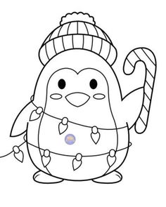 a penguin with a candy cane in its hand and wearing a hat on top of it