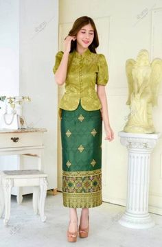 LAOS/THAI TRADITIONAL LACE/SILK BLOUSE SHIRTS - Available Chest Sizes 32" - 46" Modern Lao Clothes, Blus Brokat Modern, Silk Dress Design Ideas, Songket Dress Modern, Songket Dress, Kebaya Songket, Tenun Lurik, Laos Clothing, Khmer Clothes