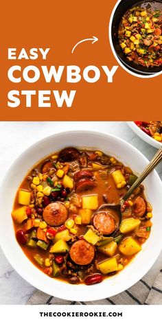 the easy cowboy stew is ready to be eaten and served in a bowl with a spoon