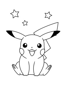 a black and white drawing of a pikachu sitting on the ground with stars around it