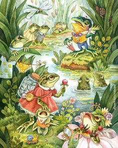 the frog family is playing in the pond with their babies and other animals, as well as